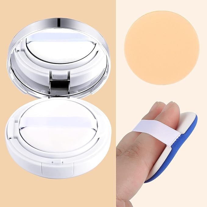 Patelai 7 Pcs 0.5oz Silver Empty Luxurious Air Cushion Puff Box with Sponge Puff and Mirror, Portable Make-up Powder Container Case with Extra Sponges and Puffs, Refillable Foundation Bb Cream Box