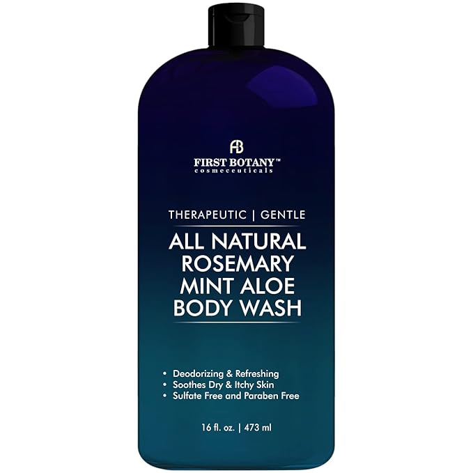 First Botany, ALL Natural Body Wash - Fights Body Odor, Athlete's Foot, Jock Itch, Nail Issues, Dandruff, Acne, Eczema, Shower Gel for Women & Men, Skin Cleanser -16 fl oz (Rosemary Mint)