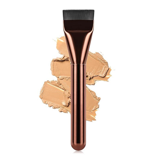 Flat Foundation Brush for Liquid Makeup,14CM Premium Fast Flawless Flat Top Kabuki Makeup Brushes Face Cosmetics Concealer Brush for Liquid, Blending, Powder, Cream, Powder, Blush, Buffing Brown