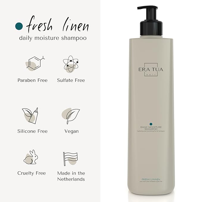 Fresh Linen Daily Moisture Shampoo| Dutch Made & Formulated Moisture Repairing Shampoo for Dry and Damaged Hair | Scent of Bergamot, Jasmine & Rose | 250 ml