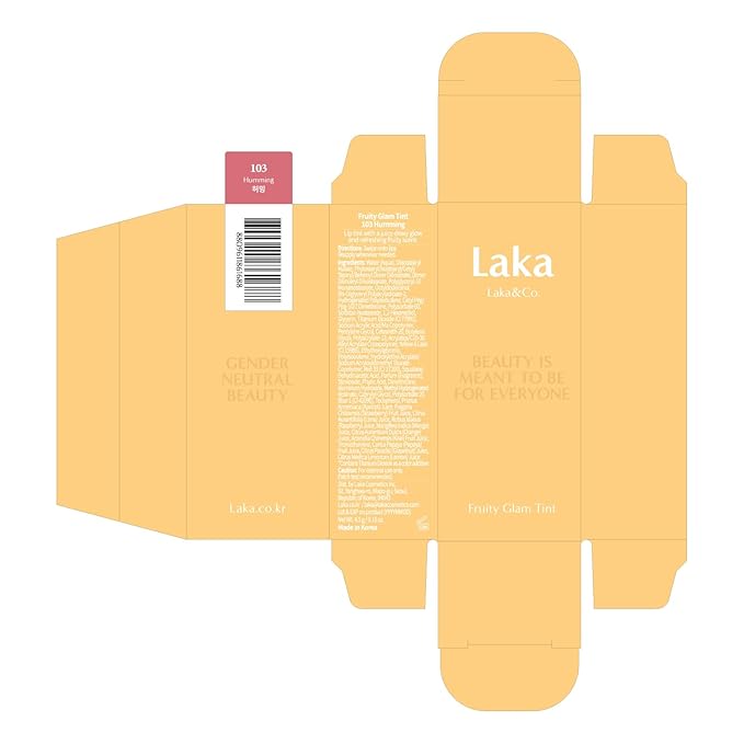 Laka Fruity Glam Tint, 4.5g/0.15oz, Glowing Lip Stain with Wide Color Spectrum, Hydrating & Lightweight Texture, Long-Lasting Bold Stain, Non-Sticky, Vegan, K-Beauty (#103 Humming)