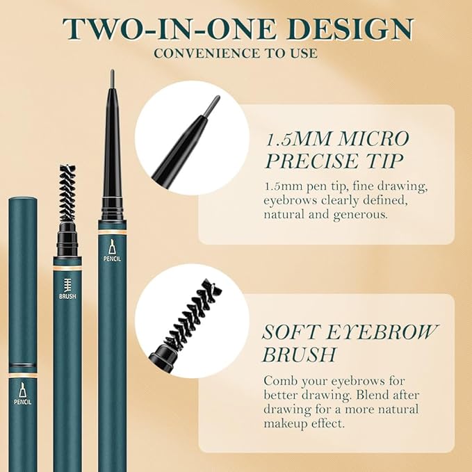 Fine Tip Eye Brow Pencils for Women, Ultra-Fine Mechanical Pencil with Eyebrow Brush,Draws Tiny Brow Hairs, 3 Pcs Waterproof Dual-Sided Defines, Fills Brows, Shapes, Contours, Combs-Grey brown