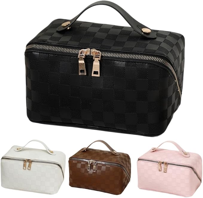 Large Capacity Makeup Bag Portable Travel Cosmetic Bag for Women Girls Gift Makeup Pouch Portable Zipper Bag (Black Checkered - upgrade)