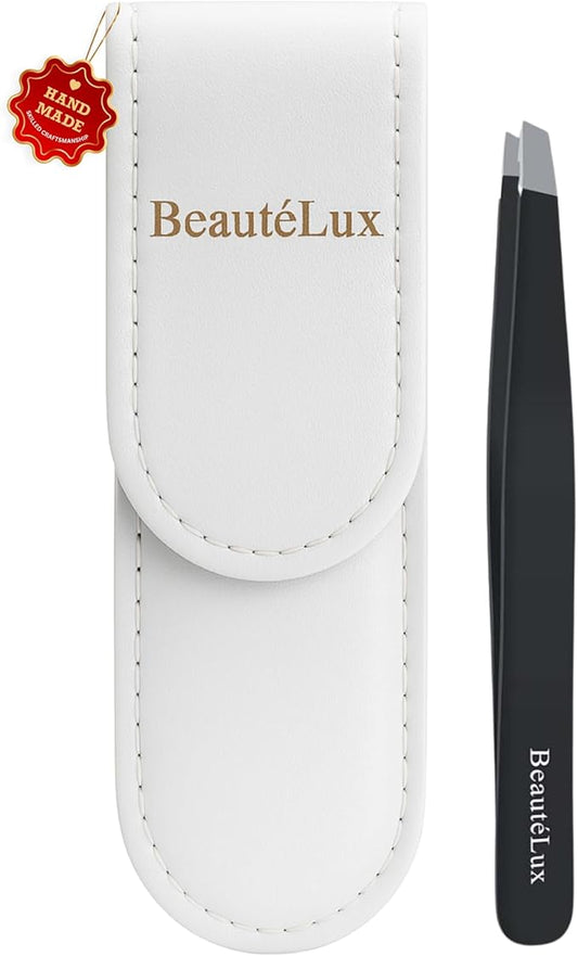 Slant Tip Eyebrow Tweezer for women & men – Stainless Steel Tweezers, Stocking Stuffer for women & men,Facial Hair Removal tweezers for Chin hair, Ingrown Hair tweezer, Black Travel tweezers with case