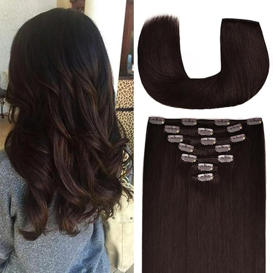 20 Inch Clip-in Hair Extensions Remy Human Hair for Women - Soft Handmade Real Human Hair Clip in Extensions, Straight, Thick, 155g 7pcs Dark Brown #2 Color