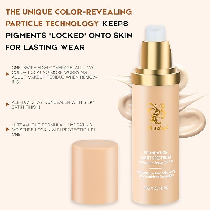 Foundation Light 4-in-1 Color-Shifting Spectrum Foundation Concealer, Long-Lasting, Skincare, Suitable for Various Skin Types, Set Includes Foundation Brush and Sponge
