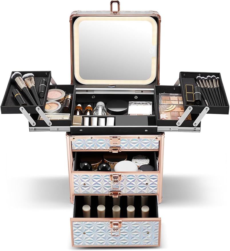 Qislee Makeup Box with Double Drawers and Four Trays, A Detachable Lighted Mirror, Waterproof Travel Train Case, Cosmetic Organizer and Makeup Suitcase with Magnetic LED Mirror(Sparkling Blue)
