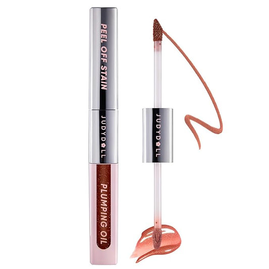 JUDYDOLL Peel Off Stain and Plumping Oil Duo - Macaron-Inspired Long-Lasting Lip Stain with 3D Plumping Gloss, Hydrating and Non-Sticky Formula (#04 Cinnamon Glow)