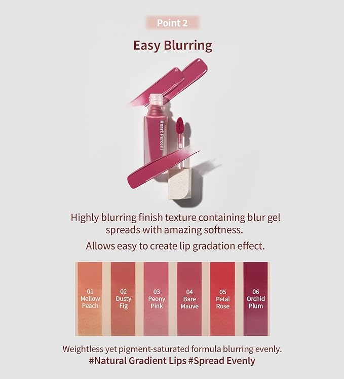 Heart Percent Dote On Mood Blurry Fog Tint, Velvety Matte Soft & Fuzzy Creamy Lightweight Vegan Lip Stains with Personal Color Analysis, #02. Dusty Fig