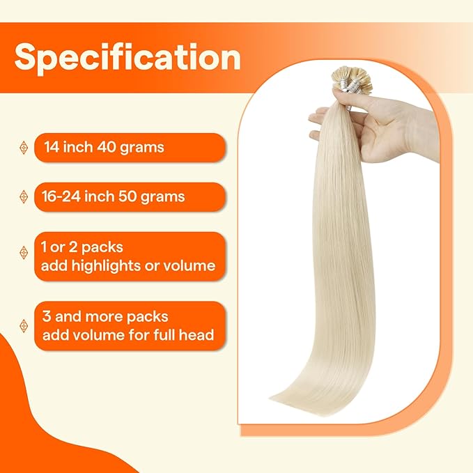 Full Shine U Tip Human Hair Extensions Color 60 Platinum Blonde Keratin Tip Hair Extensions 20 Inch Fusion Extensions Prebonded Human Hair 50 Grams add Length