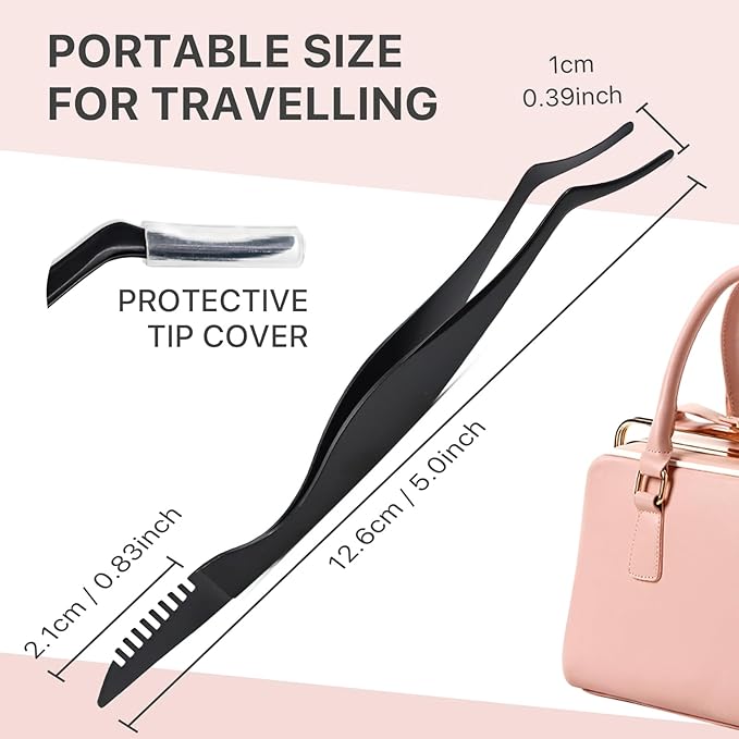 Pretty memory Upgraded Lash Applicator Tool with Comb, 2-IN-1 Stainless Steel Eyelash Tweezers, Lash Extension Curlers, Curved Tweezer Clip for Easy Application and Removal, Black
