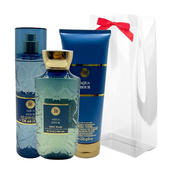 Bath & Body Works AQUA HOUR Fine Fragrance Mist, Ultimate Hydration Body Cream & Body Wash 3-piece Gift Set with a Red Bow for Holidays - Full Size