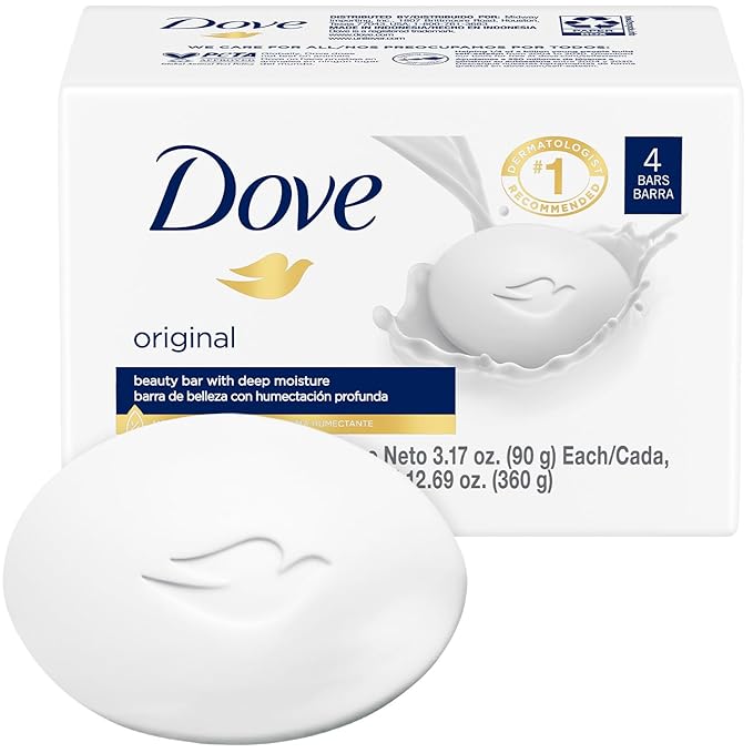 Dove Soap, Original Beauty Bar Pack (4 Soap Bars) – 3-in-1 Moisturizing Face, Body & Hand Soap, 3.17 Oz Ea