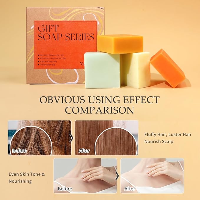 Turmeric Soap Bar and Rice Water Shampoo Conditioner Bar Set,Kojic acid for Body,Face and Hair,Deep Cleansing,Travel Toiletries,Spa Gifts For Women