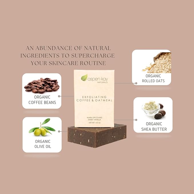 Aspen Kay Naturals Coffee & Oatmeal Exfoliating Soap, Natural and Organic Coffee Scrub. With Organic Shea Butter & Pure Essential Oils. A Wonderful Oatmeal Soap, For Men & Women. (2 pack)