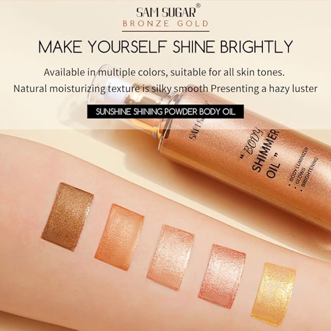 SAM SUGAR Shimmer Body Oil 3.38 Fl OZ Long Lasting Liquid Illuminator with Brush for Body Glow Illuminating Body Moisturizer 100ml Body & Face Highlighter for a Radiant Glow（02#）