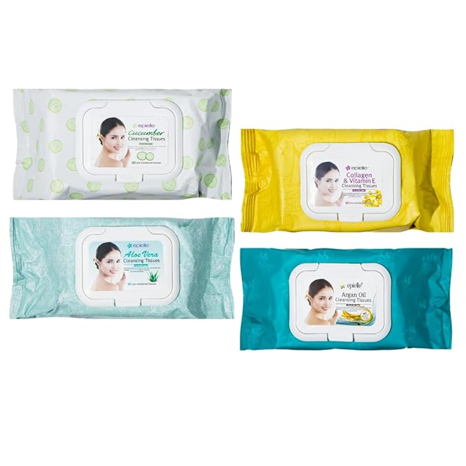 Epielle Makeup Remover Wipes, Remove Waterproof Mascara, Gentle Daily Facial Cleanser Towelettes with Collagen, Cucumber & Argan Oil, Stocking Stuffers, Thanksgiving Essentials, 60 Count (Pack of 4)