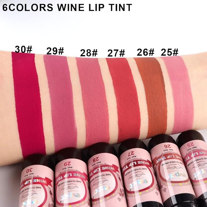 evpct Wine Lip Tint Stain 6 Colors Set Long Lasting Waterproof, Warm pink neutral Nude brown Deep cranberry Mauve pink Berry Wine Bottles Lip Tint Stain Peel off Liquid Lipstick Set, 05