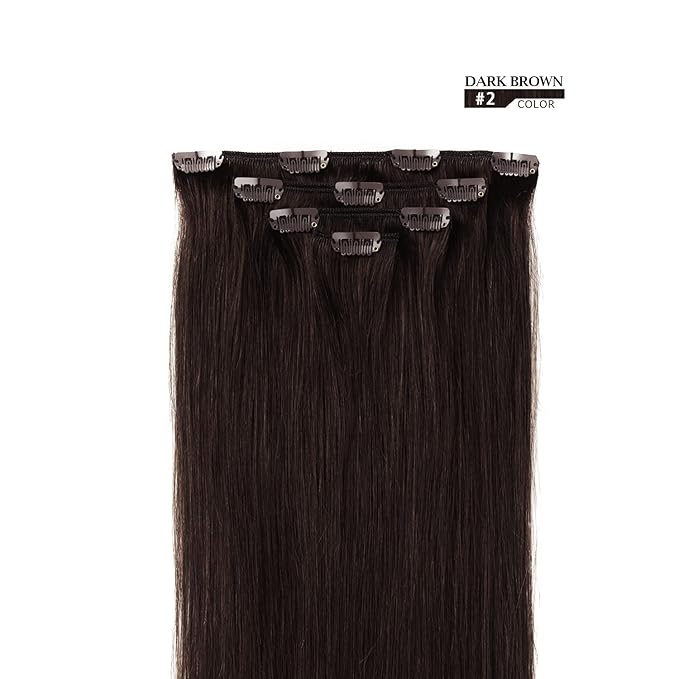 16" Clip in Hair Extensions Remy Human Hair for Women - Silky Straight Human Hair Clip in Extensions 55grams 4pieces Dark Brown #2 Color