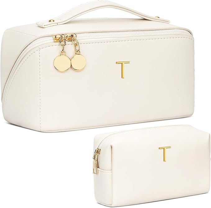 Birthday Gifts for Women Teen Girl, Personalized Initial Makeup Organizer Bag Set, Open Flat Travel Cosmetic Bag With Clear Divider and Handle(Beige,T)