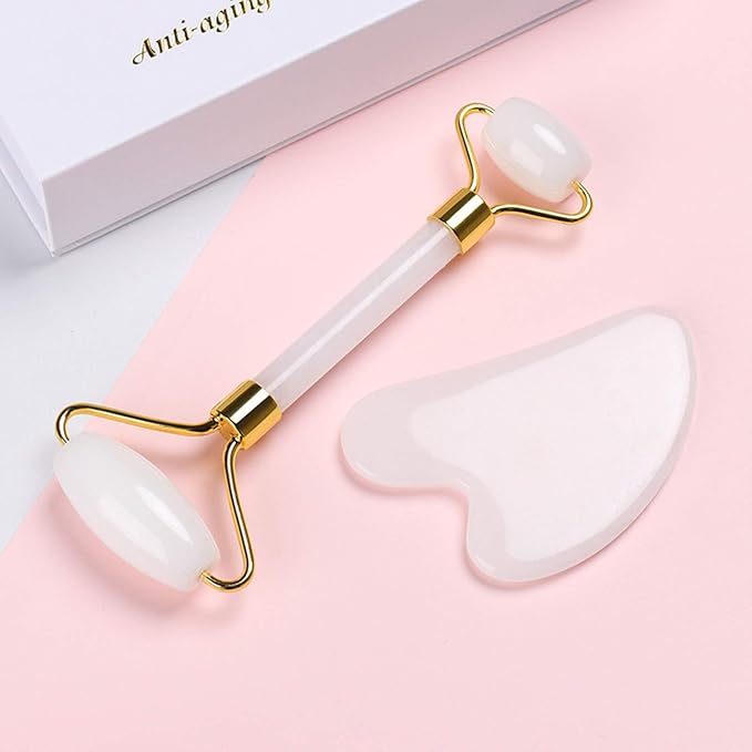 HOTACE Jade Roller Gua Sha Set Natural Jade Stone Roller for Face Beauty Facial Roller Massager Tools Face Slimming Lift Anti Wrinkle Skin Care Tools-White Jade