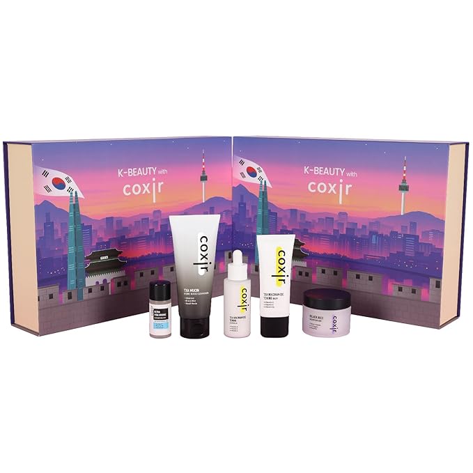 [Holiday Gift Set,Christmas Gift Set]coxir K-Beauty Seoul Glow Set – 5-Step Korean Skincare Routine with TXA & Black Rice – Cleansing oil, Mask Cleanser, Ampoule, Balm & Moisturizer,korean skincare