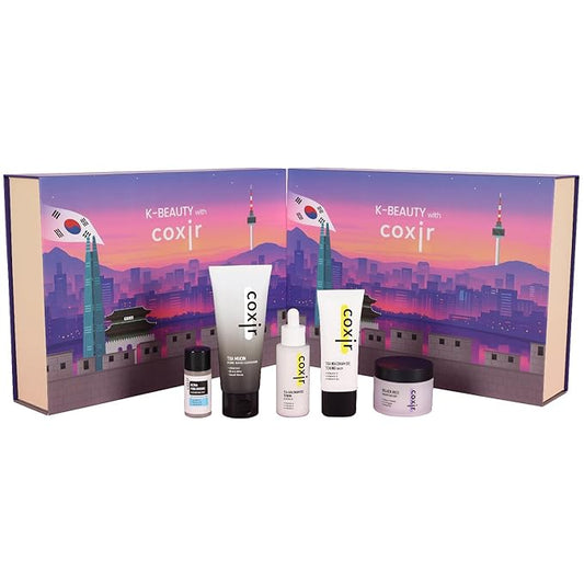 [Holiday Gift Set,Christmas Gift Set]coxir K-Beauty Seoul Glow Set – 5-Step Korean Skincare Routine with TXA & Black Rice – Cleansing oil, Mask Cleanser, Ampoule, Balm & Moisturizer,korean skincare