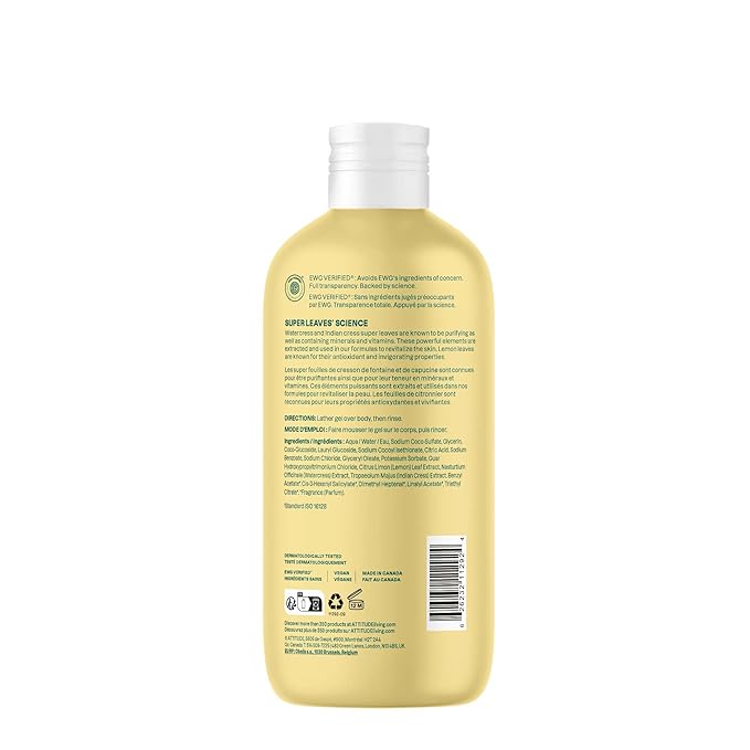 ATTITUDE Body Wash, EWG Verified Shower Gel, Dermatologically Tested, Plant and Mineral-Based, Vegan Personal Care Products, Earl Grey & Fresh Cucumber, 16 Fl Oz