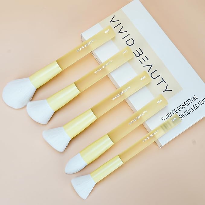 5pcs Yellow Face Makeup Brush Set – Mimic Natural Wool Synthetic Bristles, Non-Slip Rubber Handles – Cruelty-Free, Travel-Friendly Make up Brushes– Perfect for Contouring, Setting & More
