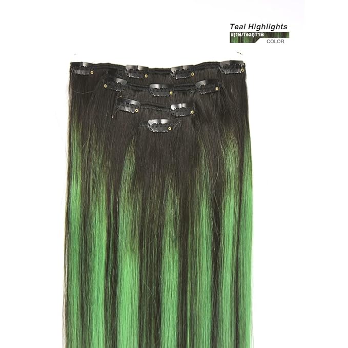 20" Clip in Hair Extensions Remy Human Hair Teal Balayage for Women - Silky Straight 100% Real Human Hair 75rams 4pieces #(1B/Teal) T1B Color