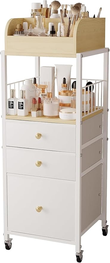 Makeup Organizer Cart with Drawers, Make up Organizers for Vanity, Floor Skincare Organizers- for Cosmetics, Nail Polish, Art Supply, Bathroom Vanity Desktop Organizer (White)