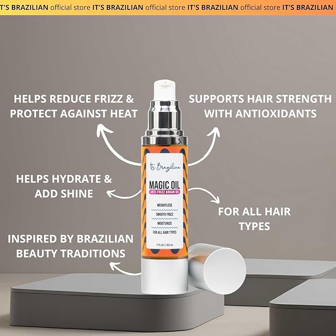 IT'S BRAZILIAN Magic Oil – Anti-Frizz Argan Oil Hair Serum, Weightless Shine & Smooth Feel – 1.7 fl oz – Moisturizes & Tames Flyaways – For All Hair Types
