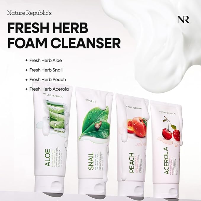 Nature Republic Fresh Herb Peach cleansing foam Hydration & Moisturizing daily Makeup Remover, Nighttime Foaming Pore Cleansing aloe face wash,Korean Skin Care for All Skin Types 170ml / 5.74 fl Oz