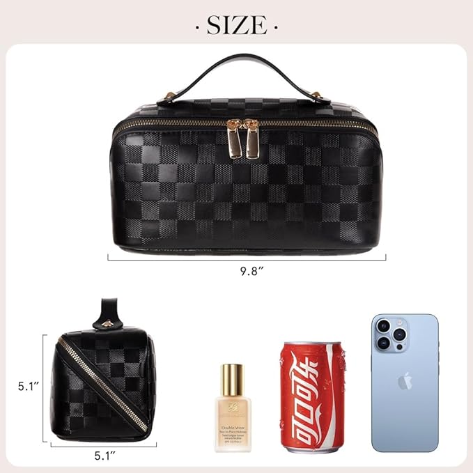Large Capacity Checkered Makeup Bags Portable Travel Cosmetic Bags Open-Flat Toiletry Waterproof Bag for Women Girls Make up Organizer with Divider and Handle Pouch Zipper Bag (A-Black)