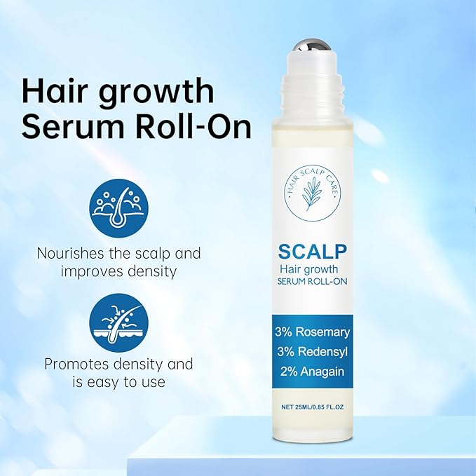 Rosemary Hair Growth Serum Roll On, 3% Rosemary 3% RedensyI & 2% Anagaln Hair Beard Growth Serum, Thicker Stronger Hair Beard, Prevents Hair Fall Stimulates Hair Follicles for All Hair Types - 25ml
