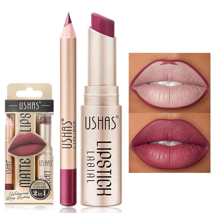 USHAS Lipstick and Lip Liner Combo Set 2 in 1 Waterproof Lipstick for Women Lip liner Set Long Lasting Lipstick, Matte Lipstick Pen with Lip Liner Set Makeup Kits (G2, Pack of 1)