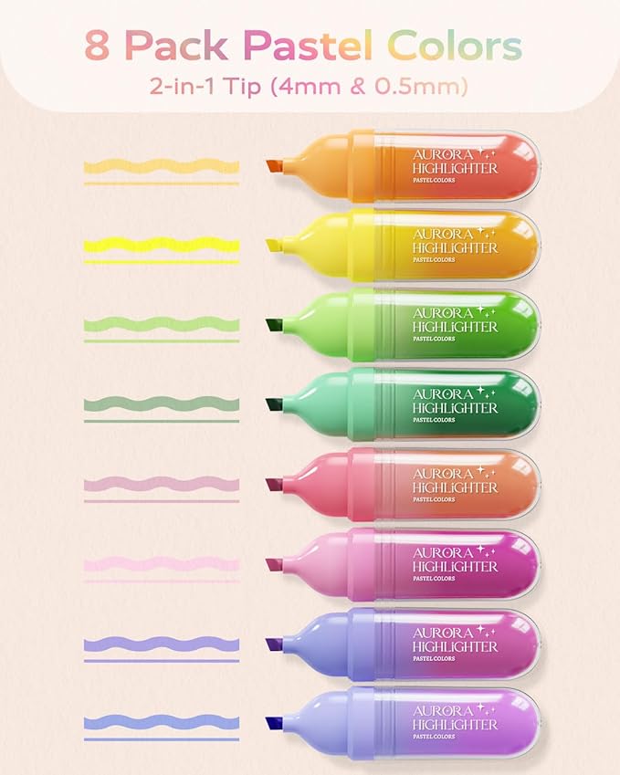 Four Candies 8 Pcs Highlighters Assorted Colors, Cute Pastel Highlighter Set, Dry Quickly, Soft Chisel Tip, Bible Highlighter for No Bleed, Back to School Supplies，Aesthetic Highlighters for Office