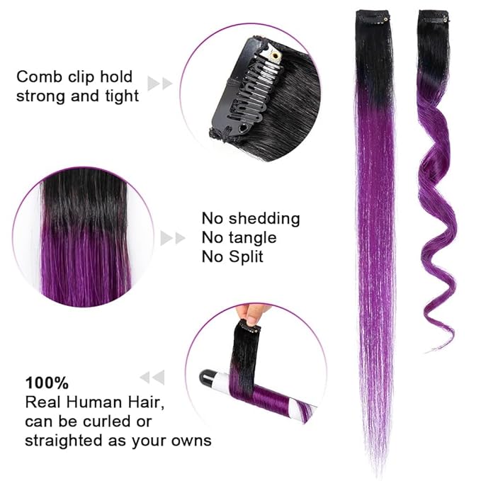 Winsky Purple Ombre Clip in Ombre Colored Hair Extensions 100% Real Human Hair - Hairpiece for Women Clip on 5 Pieces/set (18 Inch,1B-Purple)