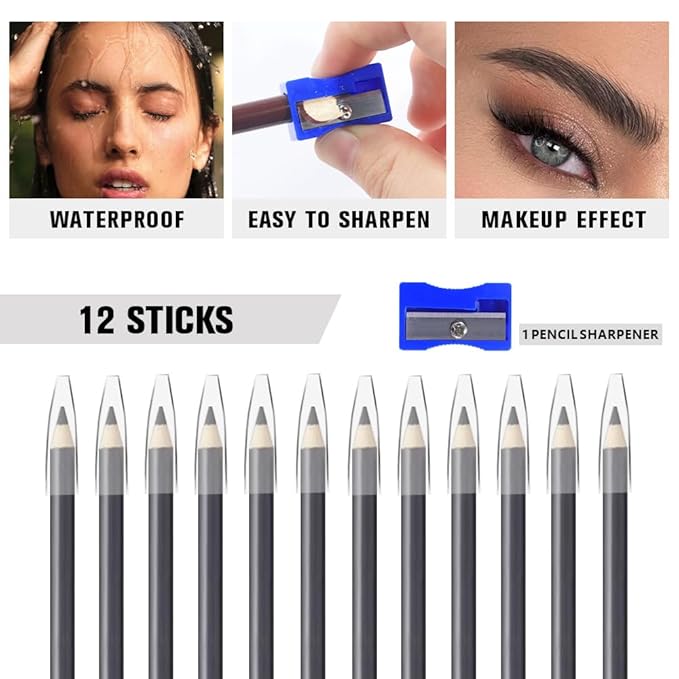 12Pcs Long Eyebrow Pencils Set - Gray Natural Look, for Eyebrows & Eyeliner, Waterproof & Sweat-Proof Wooden Hard-Core Brow Pencil with Sharpener, Long Lasting Makeup Kit for Beginners 101#
