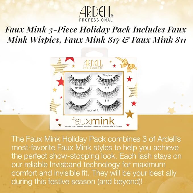 Ardell Faux Mink Lashes – Natural Look False Eyelashes, Wispy Lashes with Invisiband, Wispies, 817 & 811, Soft & Fluffy Lash Strips, Holiday Gift Set, 3 Pairs