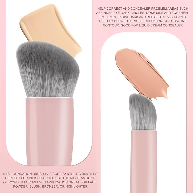 KINGMAS Foundation Makeup Brushes, Angled Kabuki Concealer Brush Under Eye Nose Contour Brush for Liquid Cream Powder Blending Buffing (Pink)