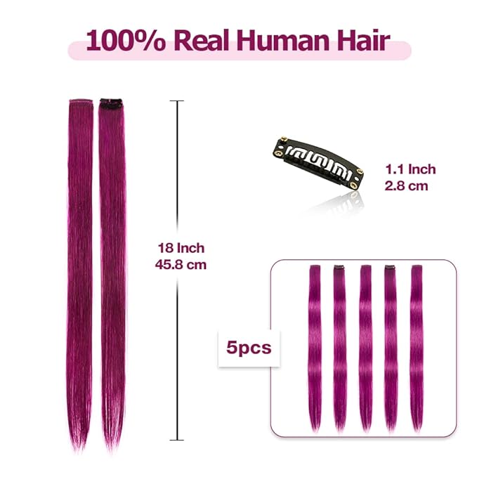 Winsky Purple-red Clip in Colored Hair Extensions 100% Real Human Hair - Straight Highlights Girls Clip on Hairpieces 5 Pieces/Set (18inch, Purple-red）