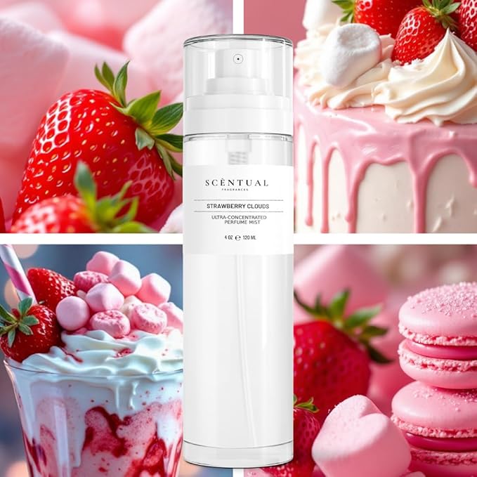 Ultra-Concentrated Hair & Body Perfume Mist, Long Lasting Women's Fragrance, Gourmand Perfumes for Women, Vegan and Cruelty Free (Strawberry Clouds)