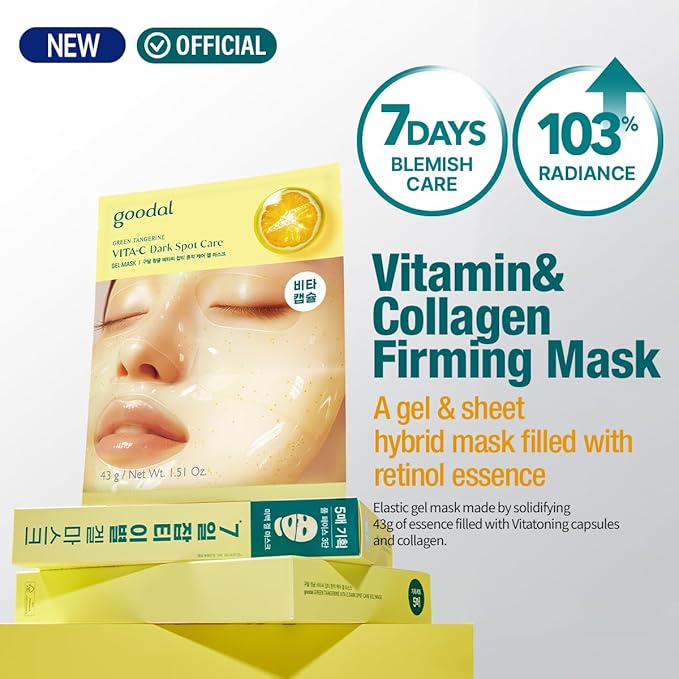 GOODAL Green Tangerine Vita C Gel Mask, Deep Moisturizing Hydrogel Essence, Vitamin C Face Mask for Glass & Glow Skin, Overnight Facial Mask, Jelly Mask for Sensitive Skin, Korean Skin Care, 5EA