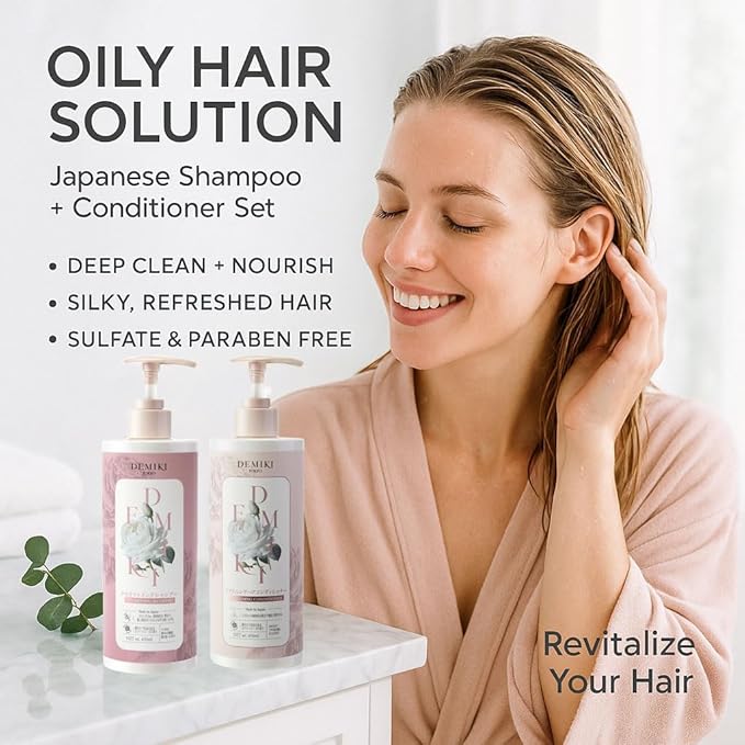 DEMIKI Japanese Shampoo and Conditioner Set for Women, Shampoo and Conditioner Set for Oily Hair, Sulfate Free, Rose Scent, Anti Dandruff, Clarifying, Moisturizing, Hydrolyzed Keratin Hair Care, 32oz