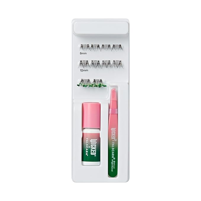 FALSCARA X WICKED: FOR GOOD False Eyelashes, ‘Love Without Limits’, 8mm-10mm Natural Volume, Green Glitter, Lash Extension Kit Includes Mini BOND, Mini Applicator, & 10 Lash Clusters