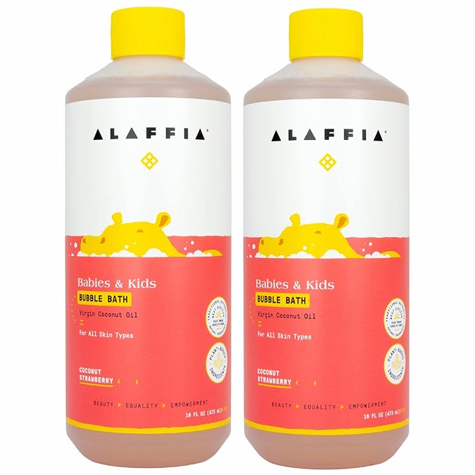Alaffia Babies and Kids Bubble Bath, Gentle Bath Essentials for Delicate Skin, Plant-Based Formula, Paraben & Sulfate-Free, Vegan, with Long-Lasting Bubbles, Coconut Strawberry, 2 Pack - 16 Fl Oz Ea
