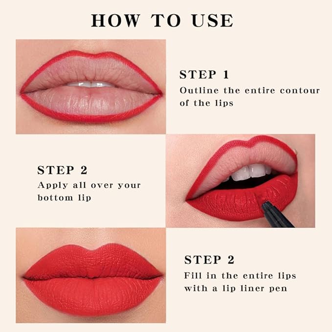 2Pcs Longwear Liquid Lip Liner Stain Marker Pen Set Long Lasting Waterproof, Dark Ruby Red Matte Semi Permanent 24 Hour Lip Liner and Lipstick Combo, Color Stay Lipliner All Day, Lips Stain peel off