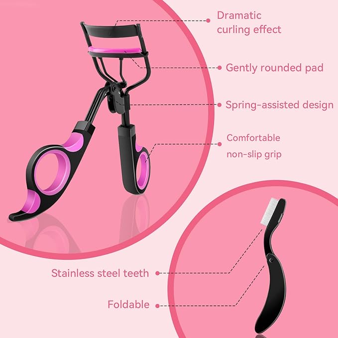 Christmas Gifts for Women，Mpotmiy 3-in-1 Heated Eyelash Curler Kit,Eyelash curlers &Folding Eyelash Comb,24 Hours Long Lasting Natural Curl,Anti-Burn,Non-Slip Finger Grips,izador de pestañas