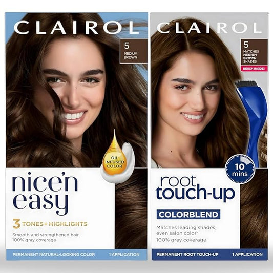Clairol Nice'n Easy 5 Medium Brown Permanent Hair Dye & Root Touch-Up Bundle